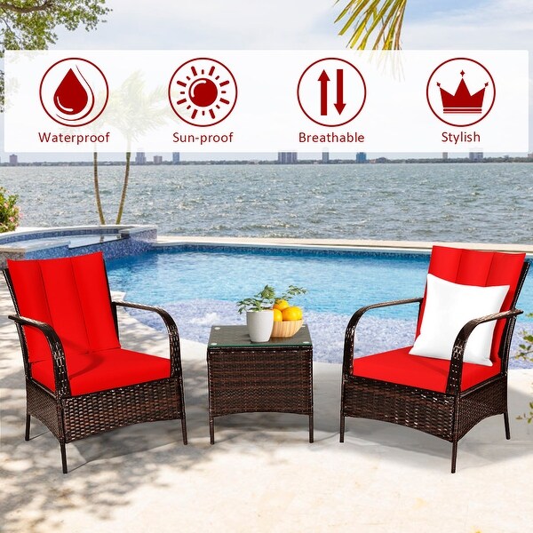 Costway 3 PCS Patio Wicker Rattan Furniture Set Coffee Table and 2