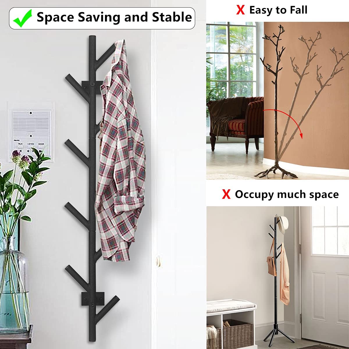 Wall Mounted Tree Branch Coat and Hat Rack with 9 Hooks for Hanging Clothes