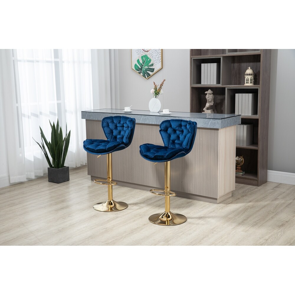 Modern Swivel Bar Stools  Set of 2  Adjustable Counter Height Velvet Upholstered Tufted Bar Stools with Back   Footrest