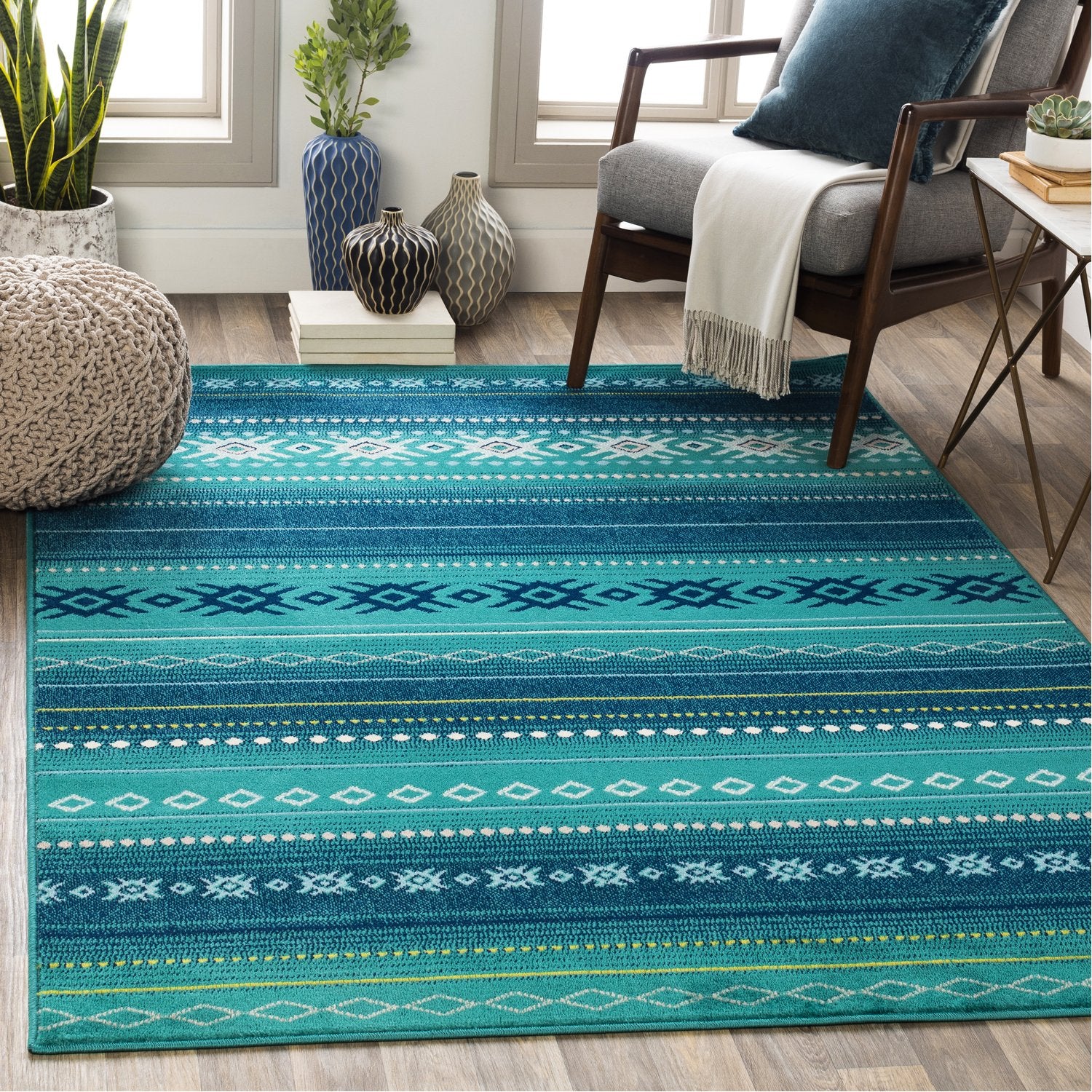 Paramount Rug in Teal, Dark Blue, Aqua, Lime, Light Gray, Cream