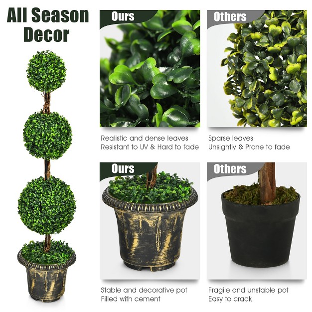 Costway 4' Artificial Topiary Triple Ball Tree Plant Indoor Outdoor Uv Resistant