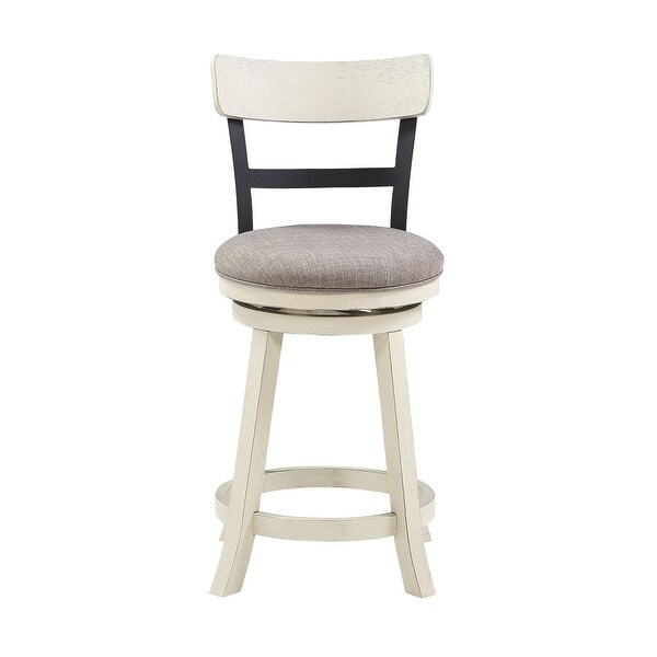 24 Inch Handcrafted 360 Degree Swivel Counter Stool， Curved Open Back， White Wood Frame， Cream Cushioned Seat