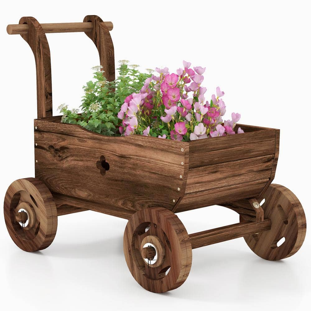 HONEY JOY Wooden Wagon Planter Box Decorative Garden Planter with Wheels Handle Drain Hole Rustic Wooden Flower Planter TOPB006816