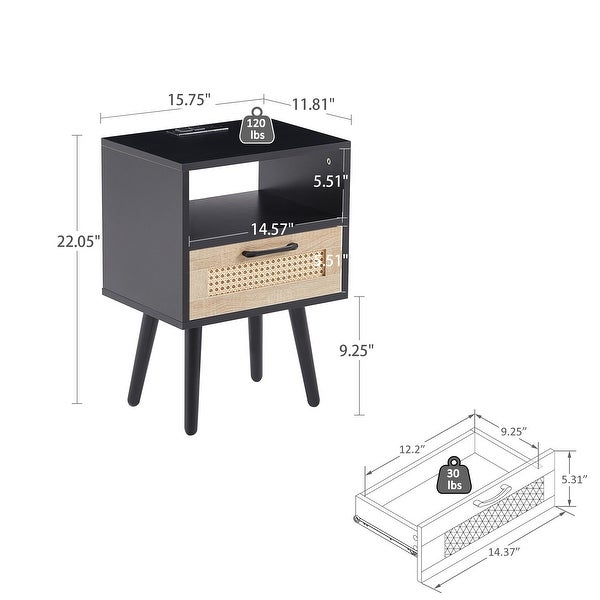 Nightstand Rattan End Table With Outlet USB Ports And drawer - - 37454457