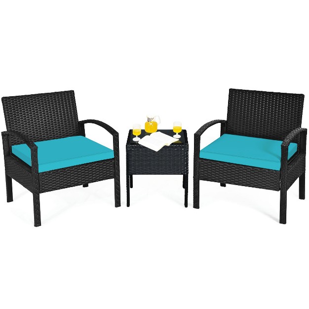 Tangkula 3 Pieces Patio Set Outdoor Wicker Rattan Furniture W Cushions Turquoise