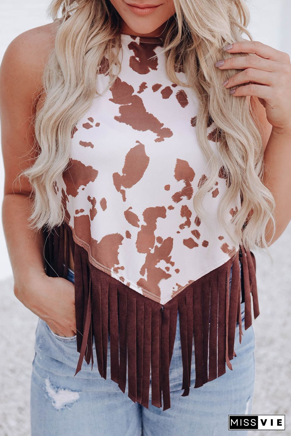 White Cow Printed Fringe Hem Tank Top