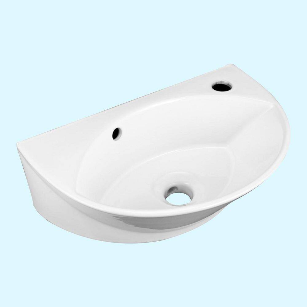 RENOVATORS SUPPLY MANUFACTURING 17 in. W Small Wall Mounted Oval Gloss Porcelain Vessel Bathroom Sink in White with Overflow Faucet and Drain 91667