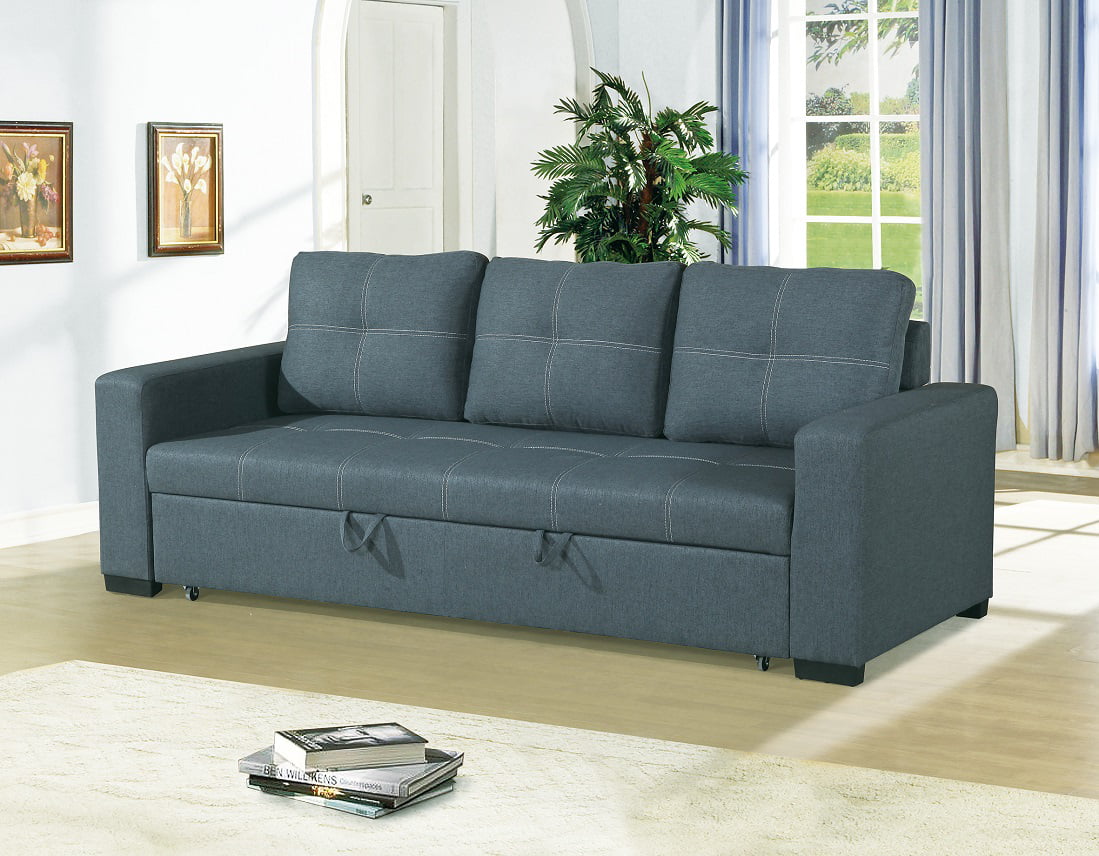 Convertible Sofa Bed Bobkona Living Room Sofa w Pull out Bed Accent Stitching Comfort Couch Blue Grey Polyfiber