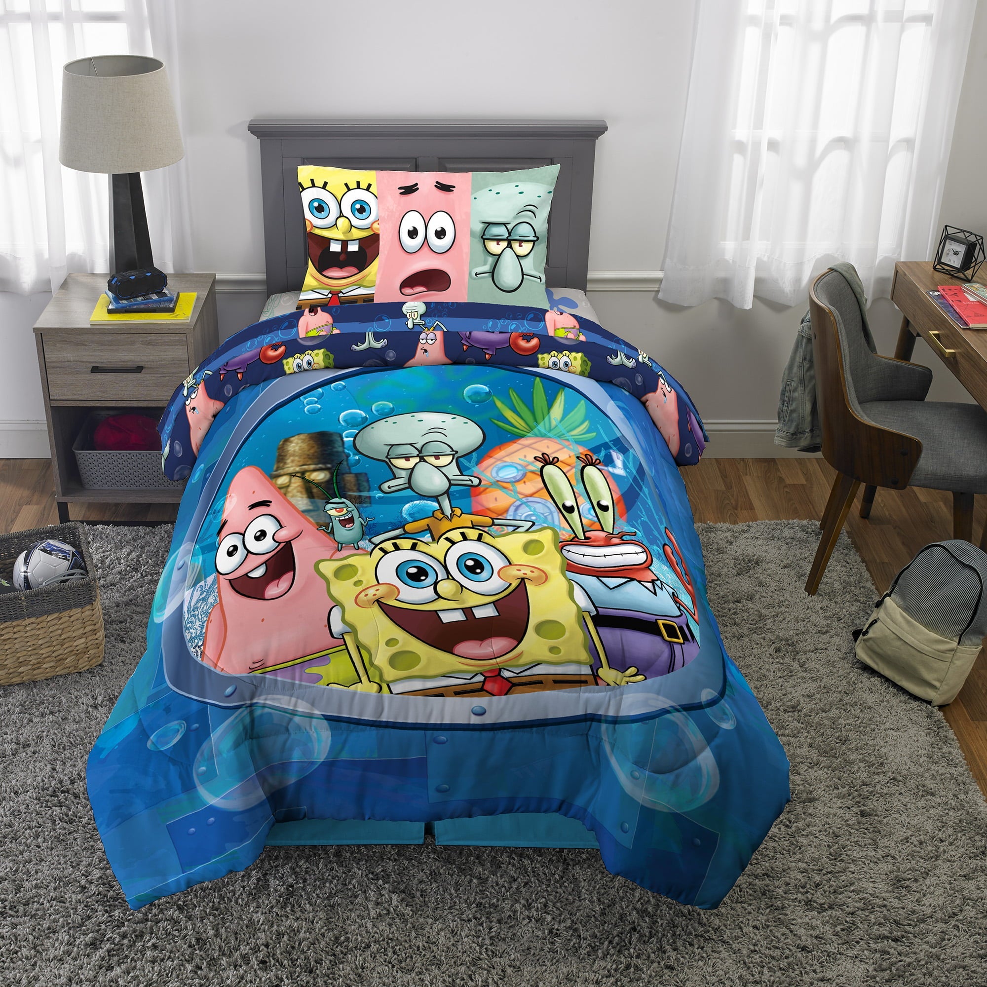 SpongeBob SquarePants Kids Twin Bed in a Bag, Comforter and Sheets, Blue, Nickelodeon