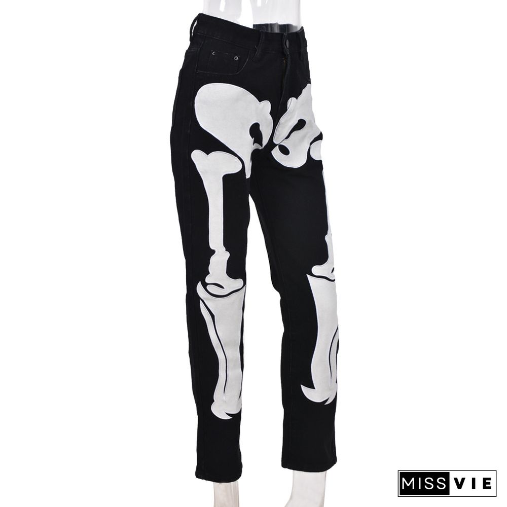 Gothic Skeleton Patterned Low Rise Jeans