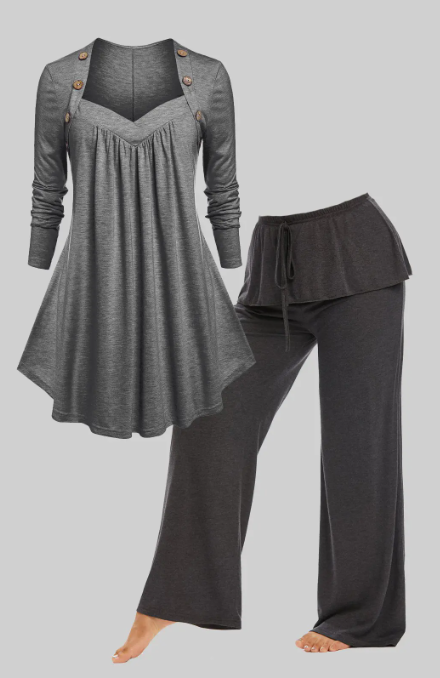 Ultimate Gray Sweetheart Neck Tee and Wide Leg Pants Plus Size Bundle