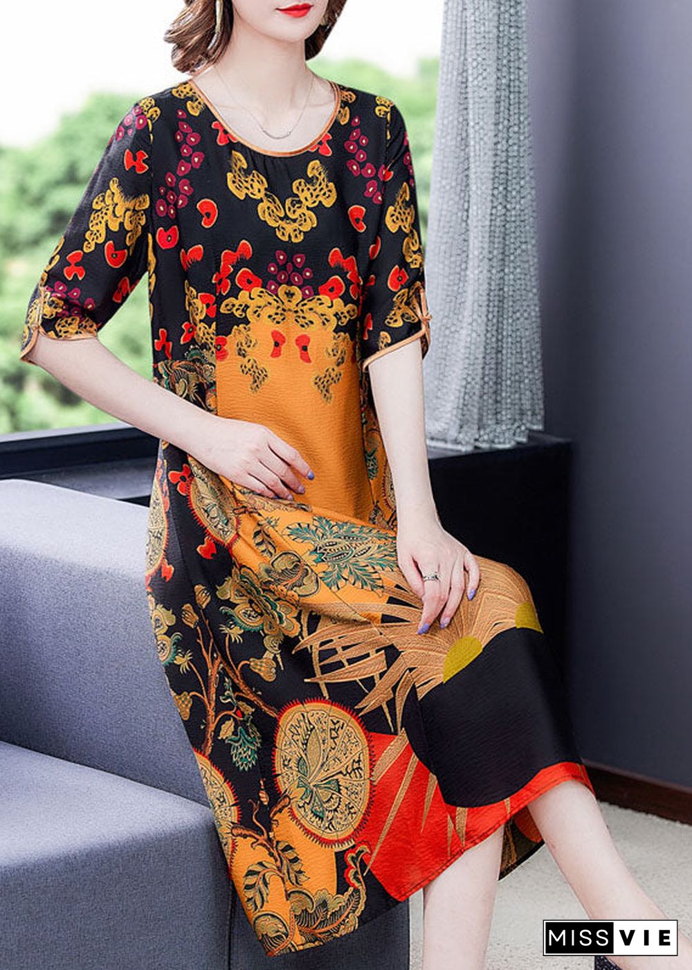 Women Yellow O-Neck Print Silk Women's Dress Half Sleeve