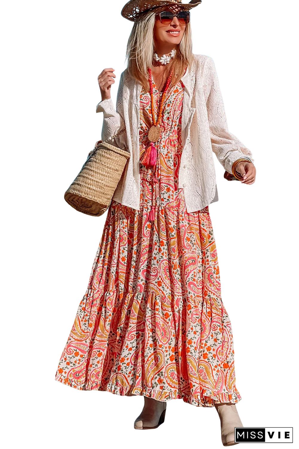 Orange Boho Holiday Paisley Print Tiered Long Sleeve Maxi Dress