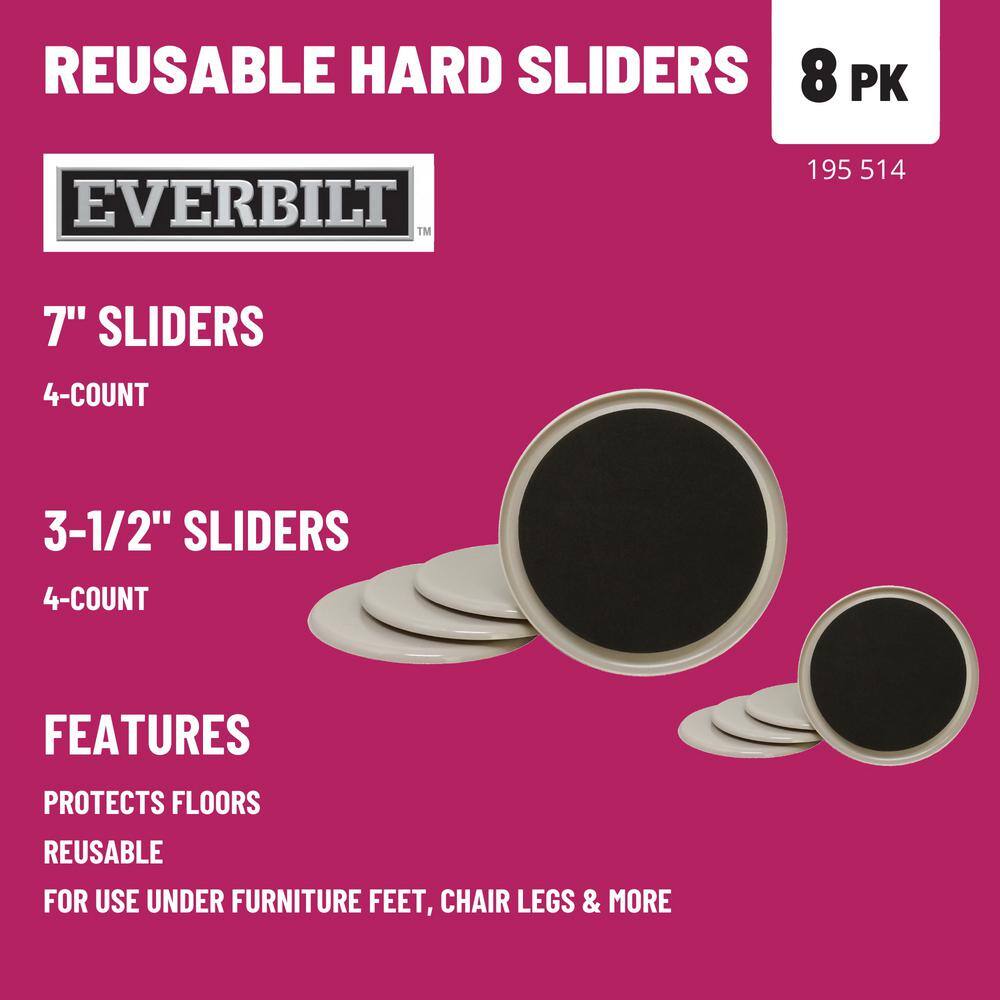 Everbilt Four 7 in. and Four 3-12 in. Beige Round Plastic Heavy-Duty Furniture Slider Pads for Carpeted Floors (8-Pack) 4723044EB