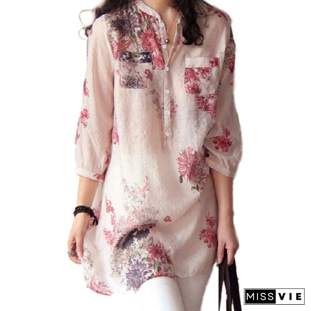 Vintage Women Floral Printed Casual Loose Tops Shirt Tunic Dress