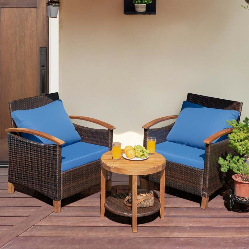 3 Pcs Patio Furniture Set Outdoor Rattan Sofa & Side Table Conversation Bistro Set with Acacia Wood Frame