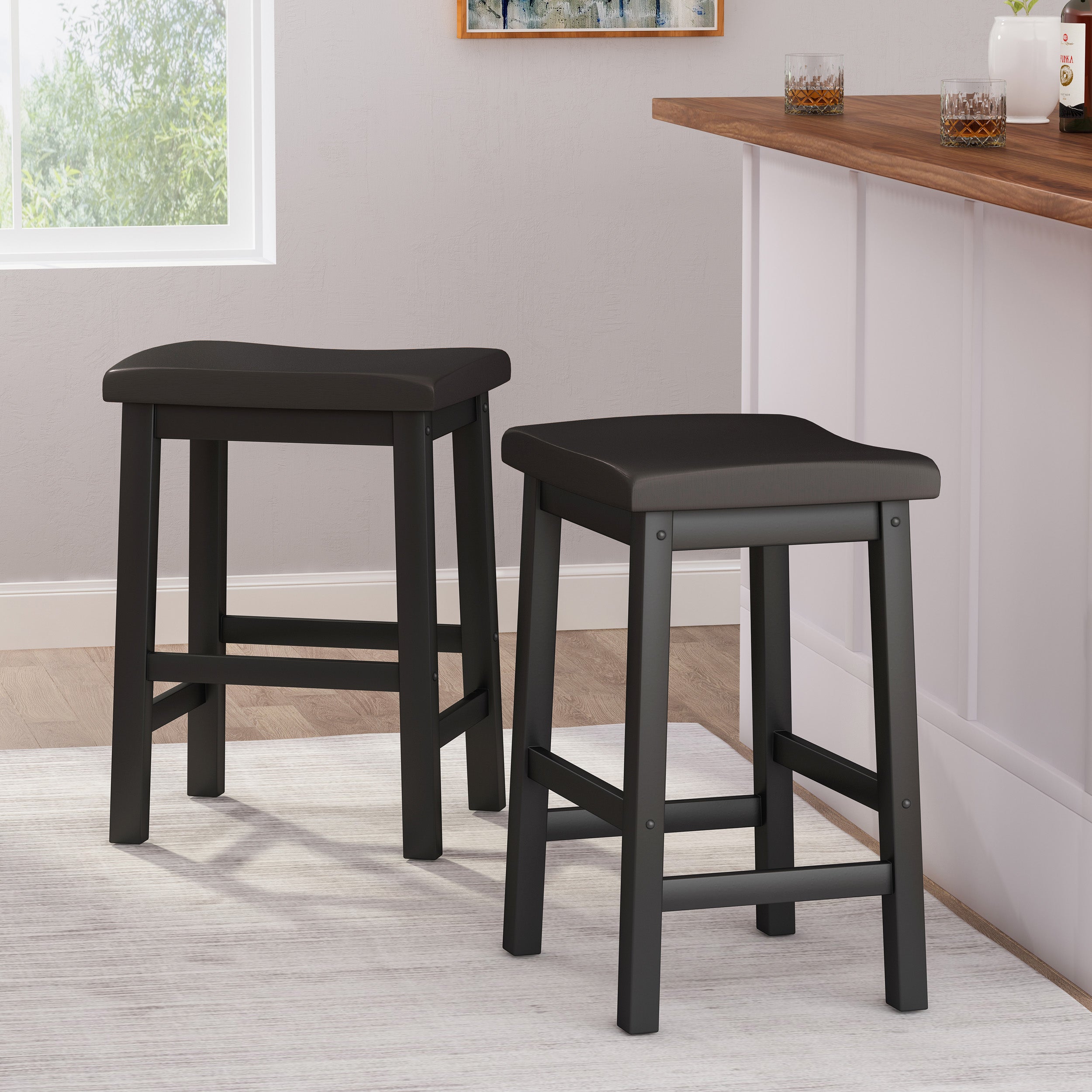 Marcy Black Saddle Wood 24-Inch Counter Stool (Set of 2)