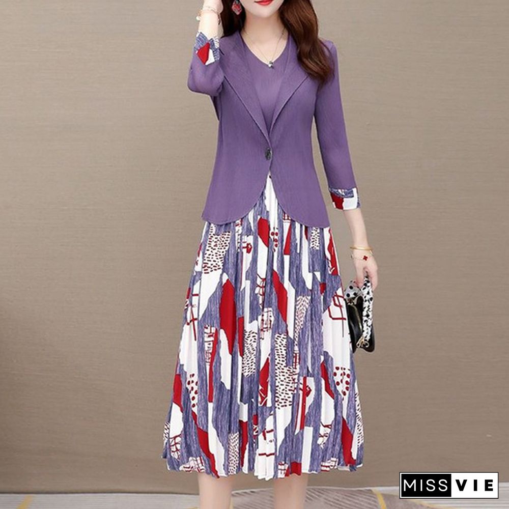 Office Lady Two Piece Sets Women Outfit Fashion 3/4 Sleeve Blazer And Sleeveless Spliced Print Pleated Dress Suits Spring Autumn