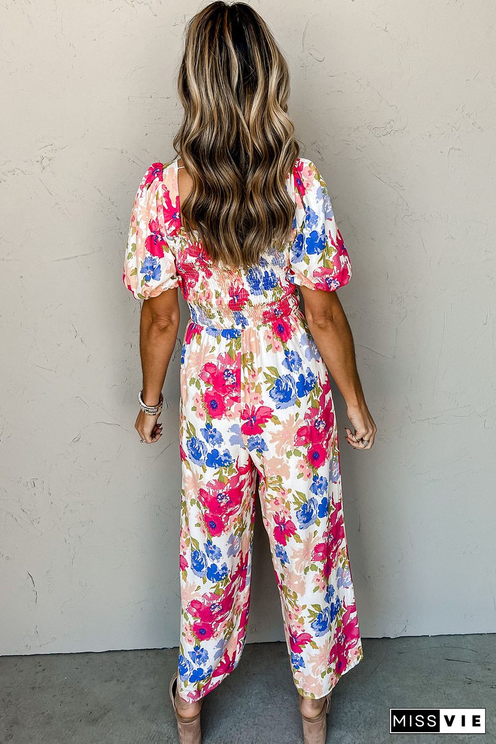 Multicolor Floral Print Smocked Puff Sleeve Jumpsuit