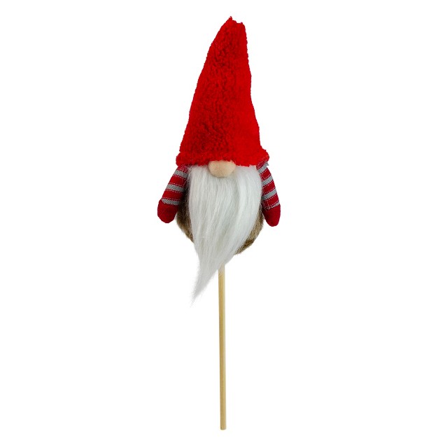 Tiny Gray Faux Fur Santa Gnome With Red Hat And Striped Arms On A Stick Christmas Decoration