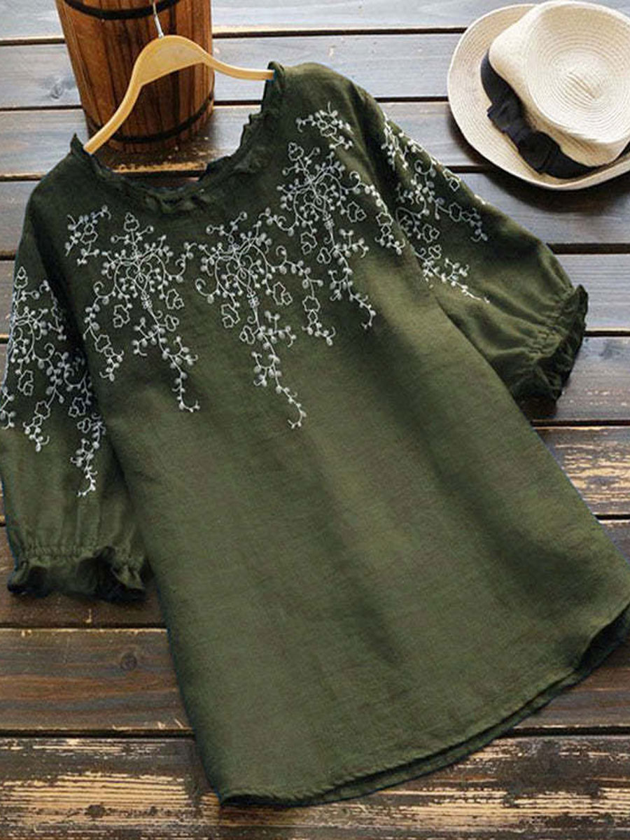 Round Neck Casual Loose Embroidered Short Sleeve Blouse