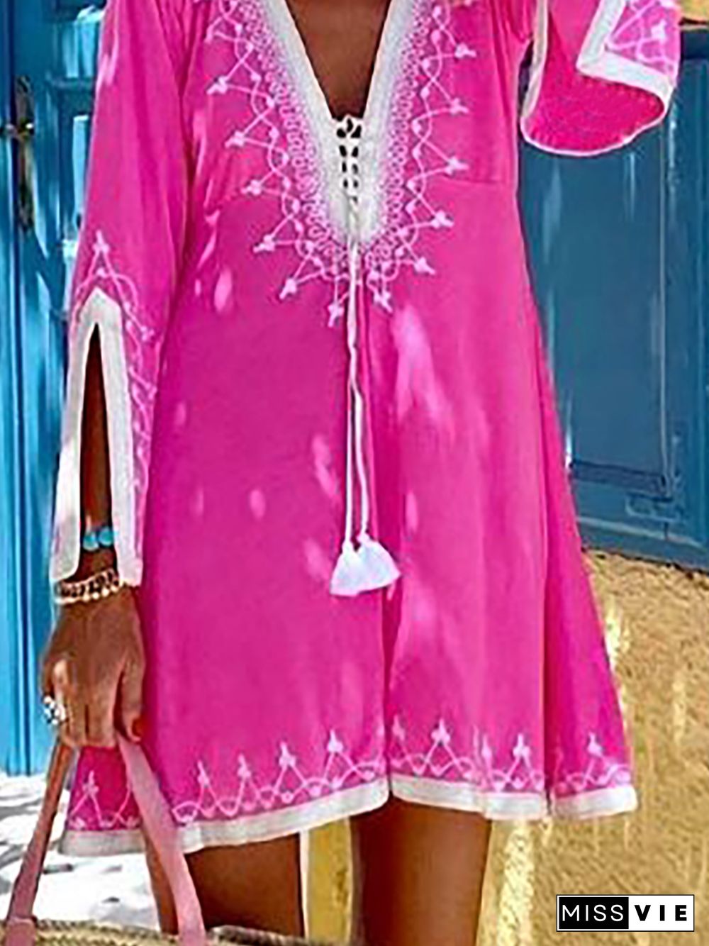 Plus size Casual Boho Long sleeve Woven Dress