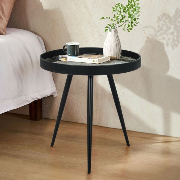 Modern Round End Table with Wooden Tray Top for Living Room Bedroom