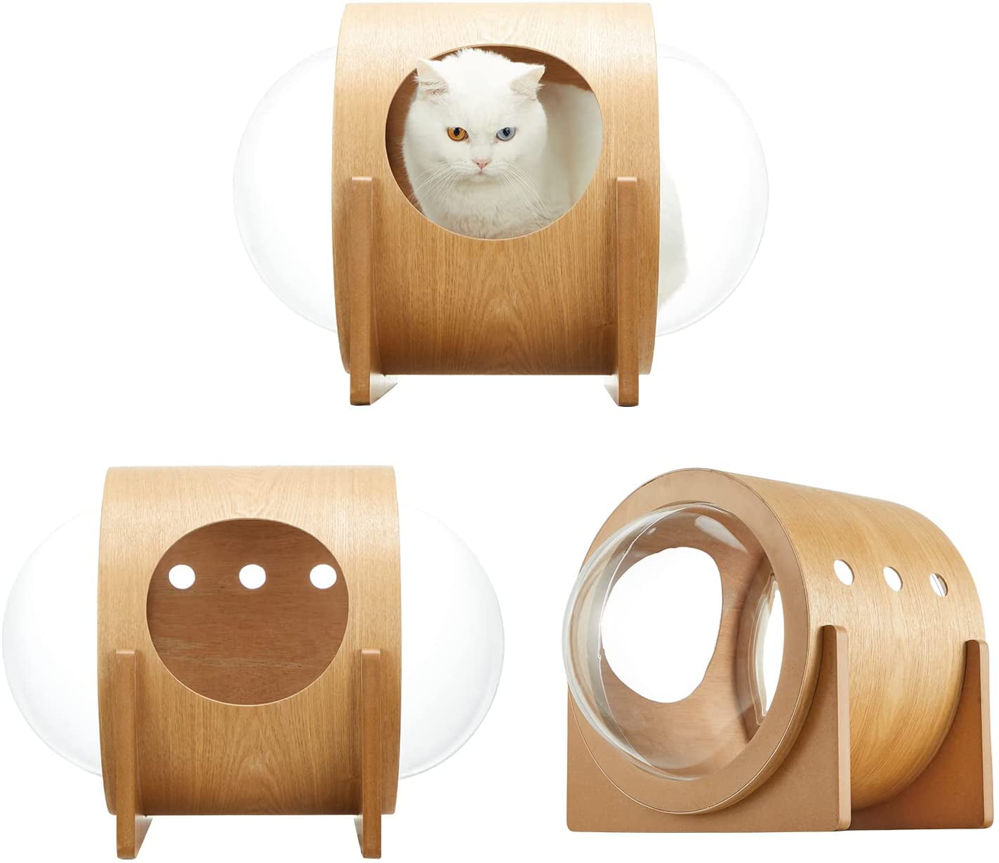 Yoleny Wooden Cat Bed Capsule Spaceship Gamma Cat Bed with Acrylic Dome，  Indoor Cat House with Large Transparent Capsule for Mammals