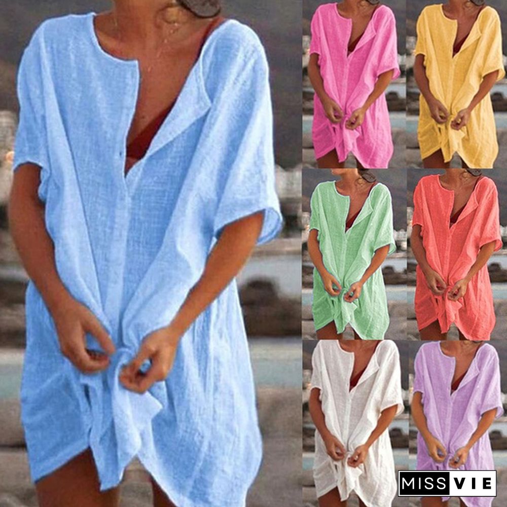 Spring Summer Dresses Plus Size Fashion Clothes Women's Casual Short Sleeve Dresses Beach Wear Robe Femme Swimwear Cover-up Linen Dress Loose Blouses Long T-shirt Deep V-neck Solid Color Bikiini Cover-up Dress Mini Party Dress