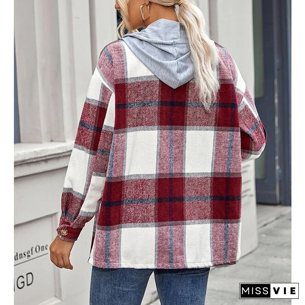 Plaid Jacket Women Overshirt Long Checkered Jackets Female Long Sleeve Winter Hooded Coat Shirt Jacket Harajuku Tops