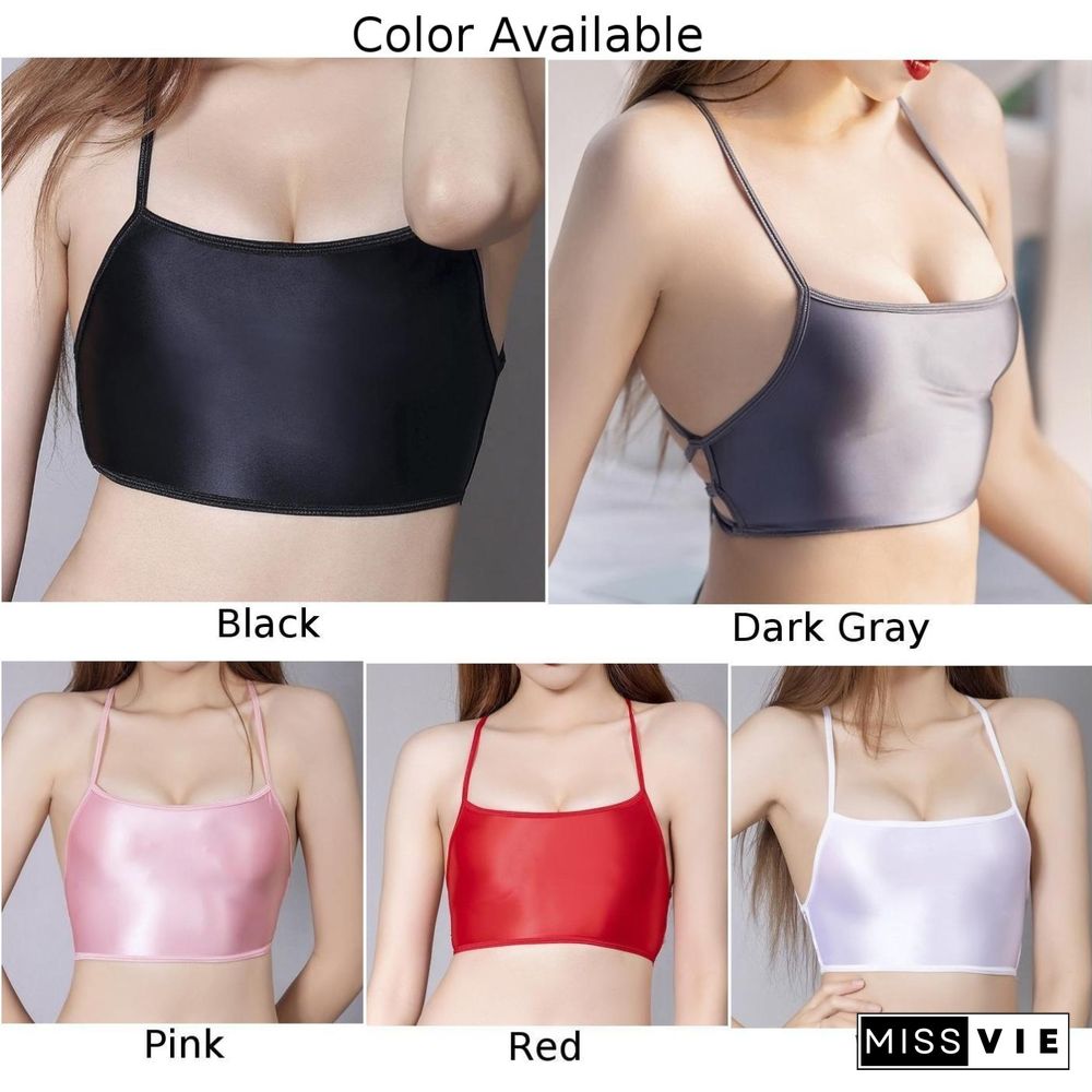 Women Sexy Backless Bandage Crop Top Shiny Glossy Bustier Bralette Camisole Tank See Through Candy Color Pink Top Hot Sale