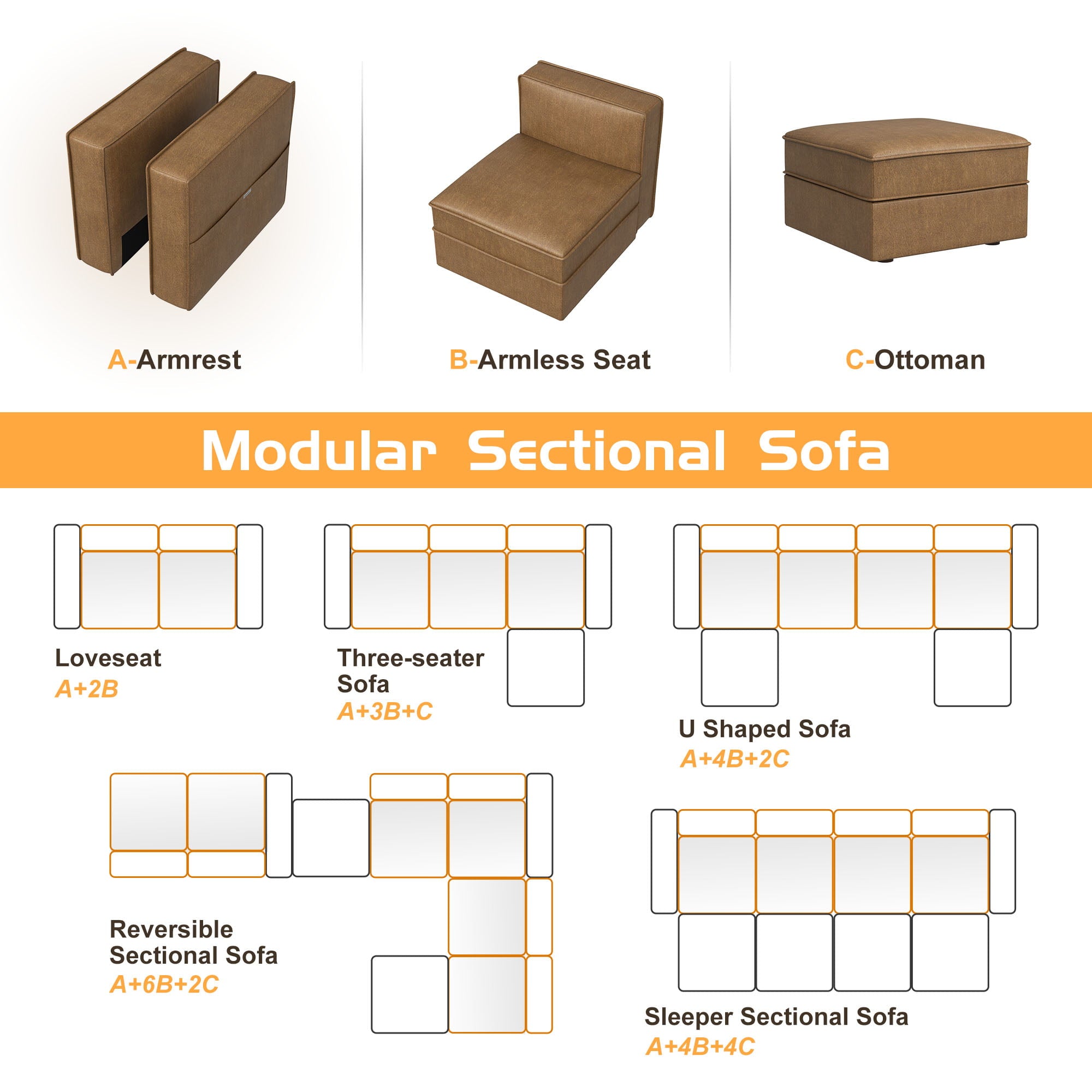 Nolany Armless Chair Module for Modular Sectional Sofa Single Sofa wiht Storage Seat, Caramel Microfiber