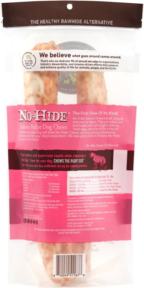 Earth Animal No-Hide Long Lasting Natural Rawhide Alternative Salmon Recipe Large Chew Dog Treats， 2 count