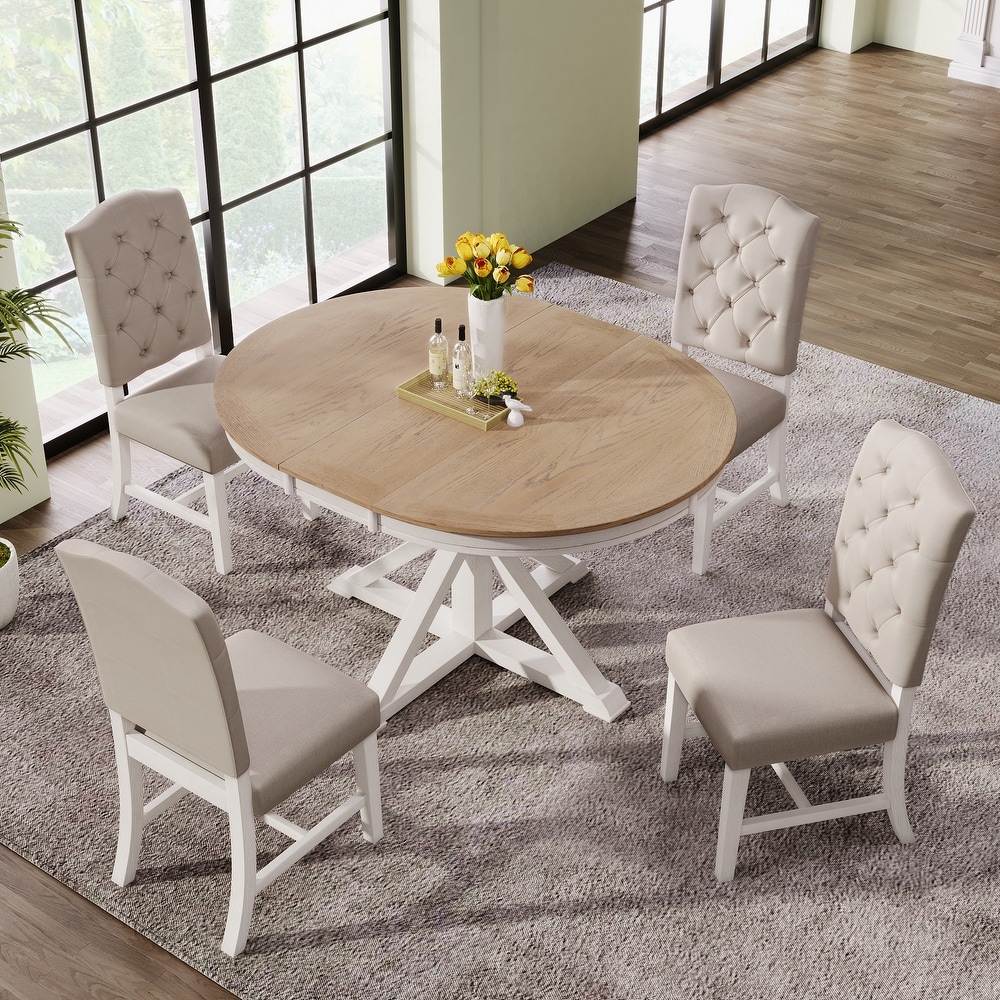 5 Piece Retro Style Dining Table Set with Extendable Table and 4 Upholstered Dining Chairs  Dining Set for 4