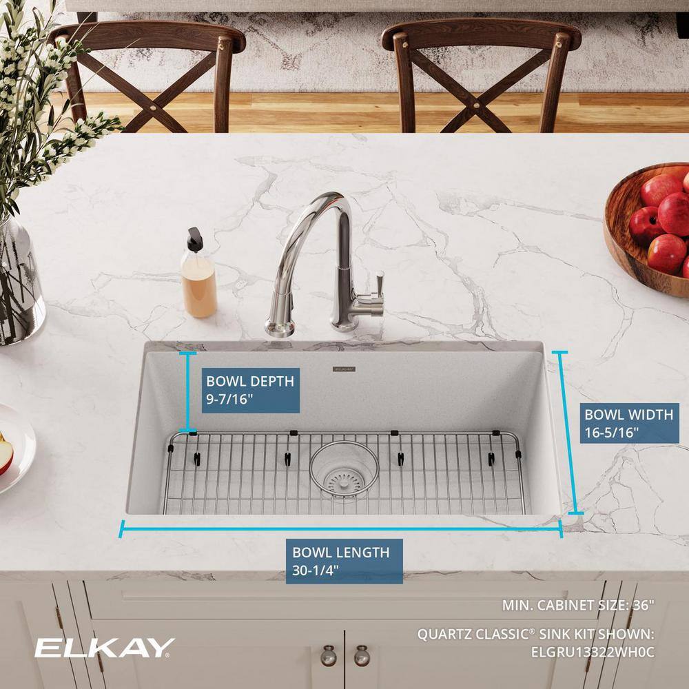 Elkay Quartz Classic White Quartz 33 in. Single Bowl Undermount Kitchen Sink with Bottom Grid and Drain ELGRU13322WH0C