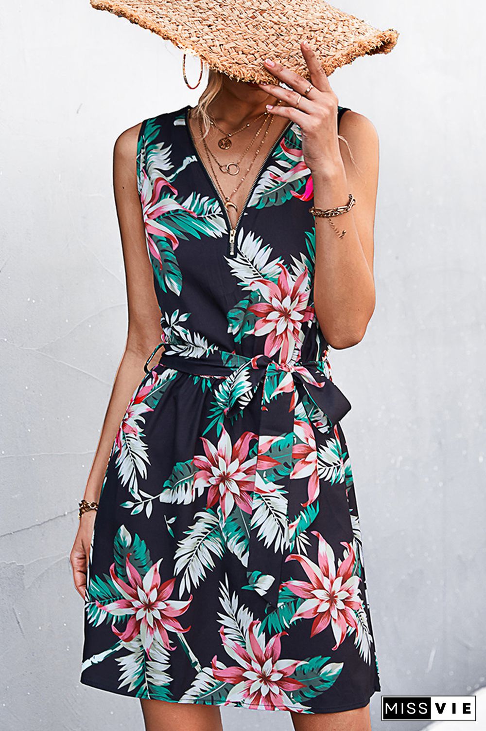 Sleeveless Zip Neck Floral Print Dress Wholesale