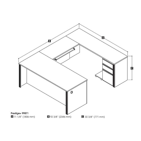 Bestar Prestige + U-shaped workstation including one pedestal in White Chocolate and Antigua