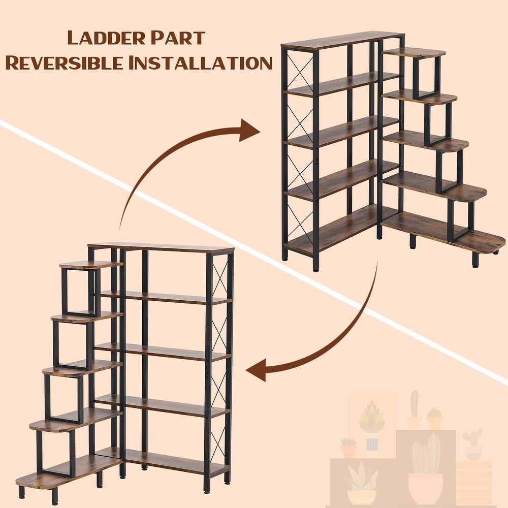 Large Corner Bookshelf Bookcase  Industrial Reversible 5 Tier Ladder Shelves Storage Display Rack with Metal Frame