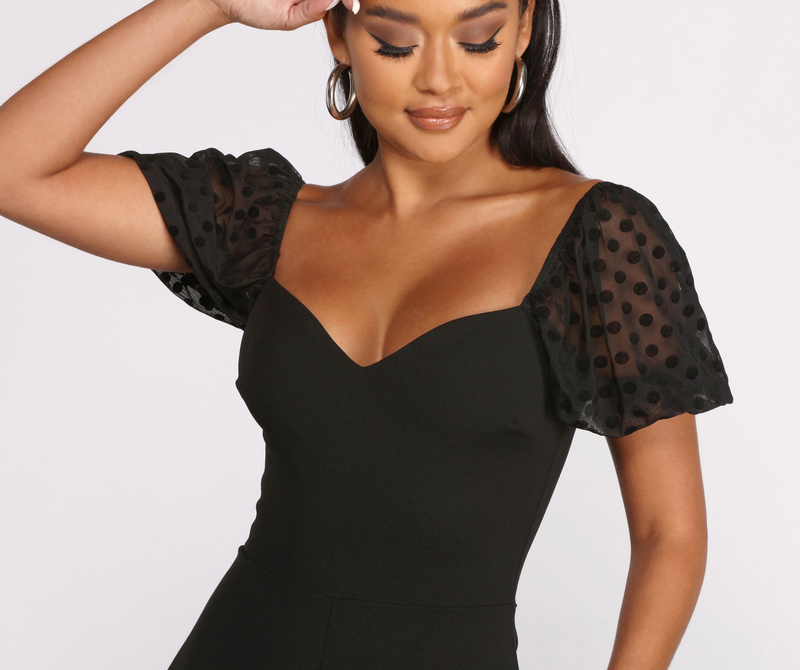 Polka Dot Puff Sleeve Sweetheart Neck Crepe Romper