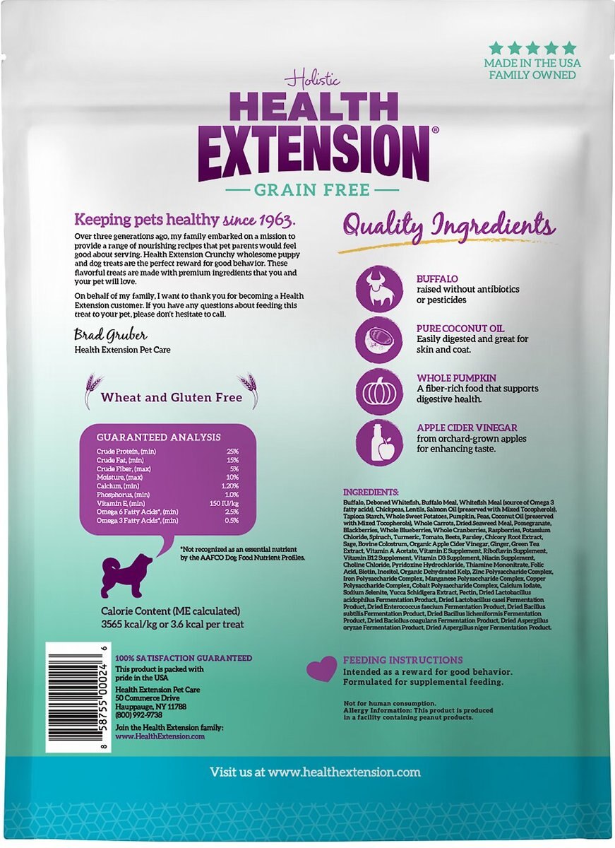 Health Extension Small Buffalo Heart Shaped Grain-Free Crunchy Dog Treats， 12-oz bag