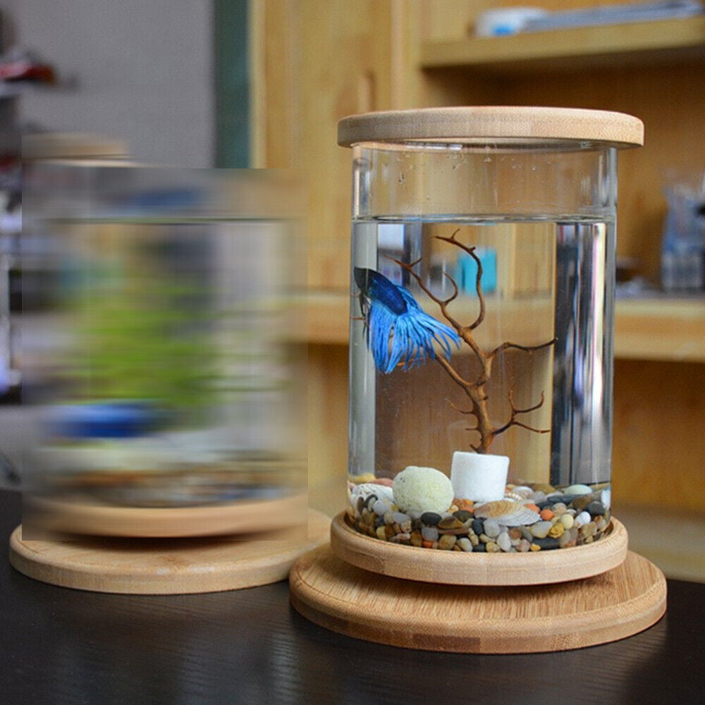 Bamboo + Glass Goldfish Small Fish Bowl Glass Eco Fish Tank Aquarium Ornamental 360 Degrees Rotatable