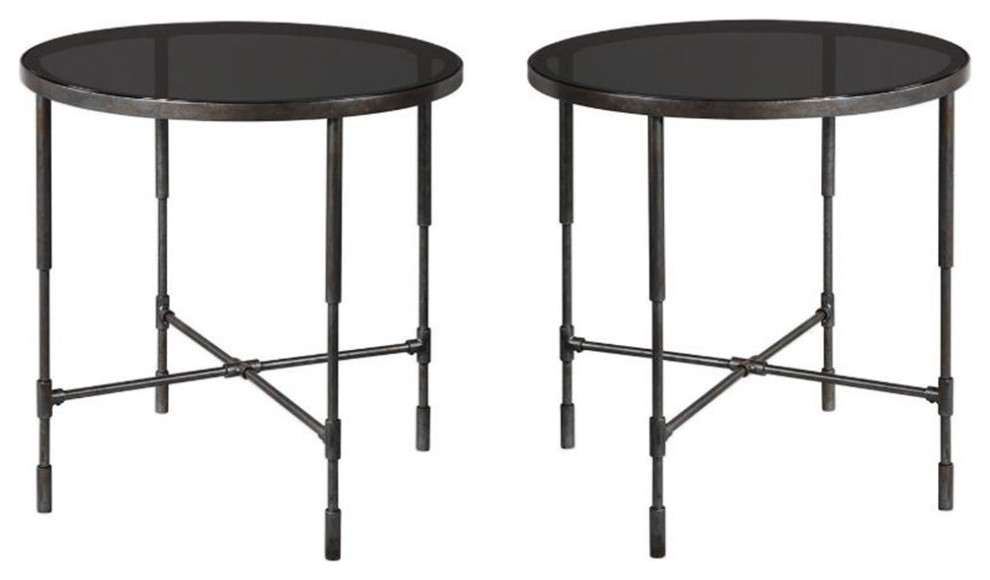 Home Square 25 quotRound Glass Top Accent End Table in Aged Steel   Set of 2   Industrial   Side Tables And End Tables   by Homesquare  Houzz