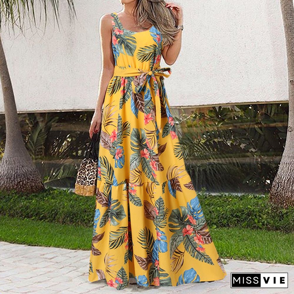 Summer Women Floral Printed Long Dress Sleeveless Bohemian Holiday Party Casual Pleated Maxi Dress Plus Size