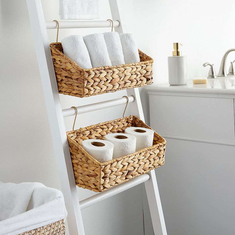 2 Pack Wall Mounted Hyacinth Storage Baskets with Hooks for Bathroom， Laundry Room， Nursery (15 x 6 x 6 Inches)