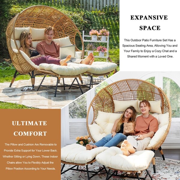 Nicesoul Double Egg Chair 680 lbs Outdoor Patio Wicker Egg Chairs with Ottoman