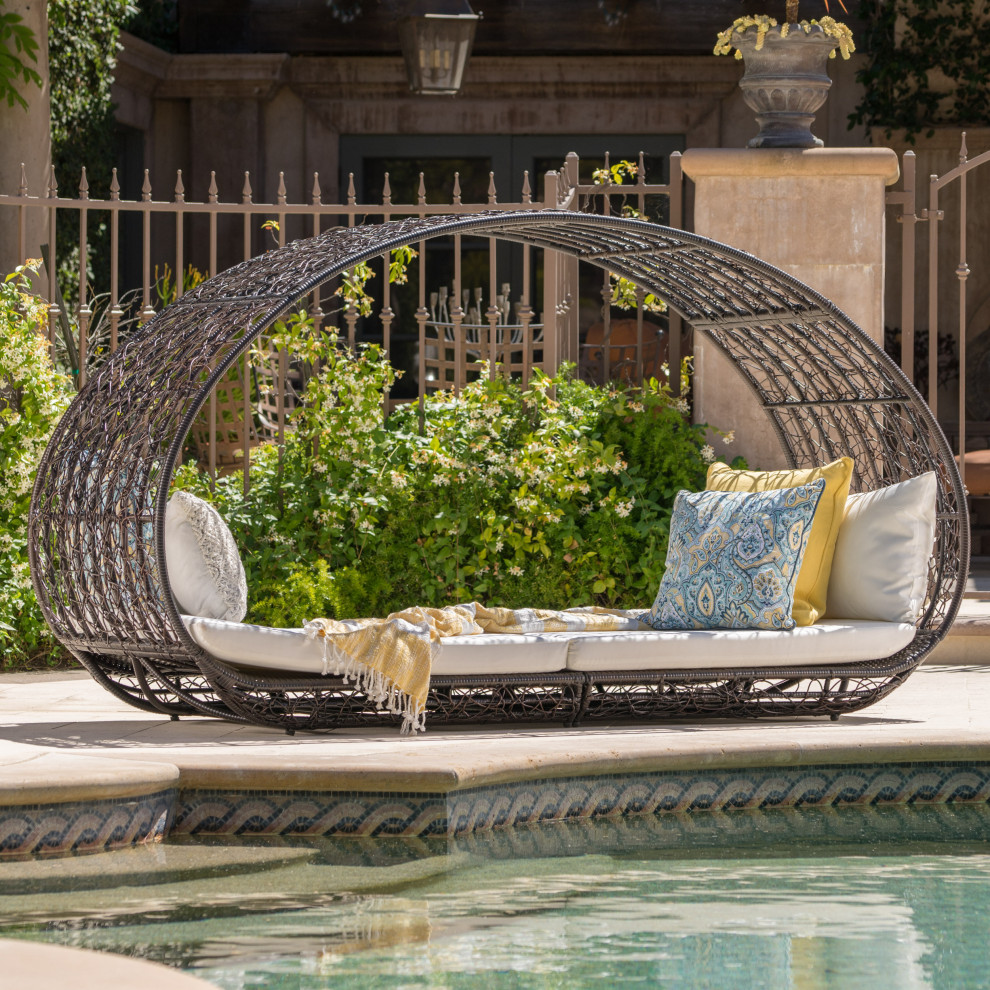 GDF Studio Bedford Outdoor Wicker Overhead Canopy Daybed With Cushion   Tropical   Outdoor Lounge Chairs   by GDFStudio  Houzz