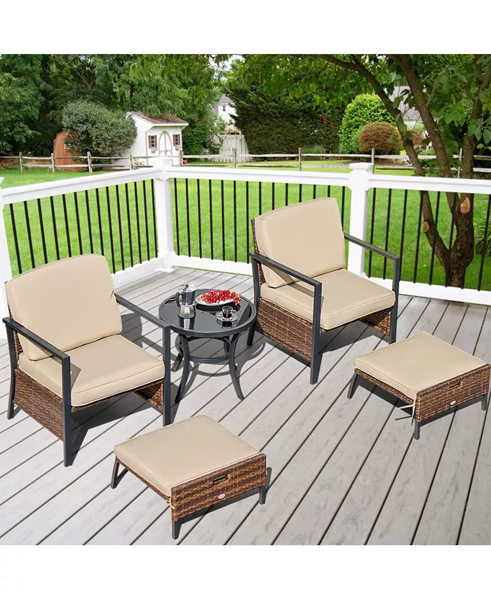 Costway 5PCS Patio Wicker Conversation Set Space Saving Cushions Chairs with Ottomans Table