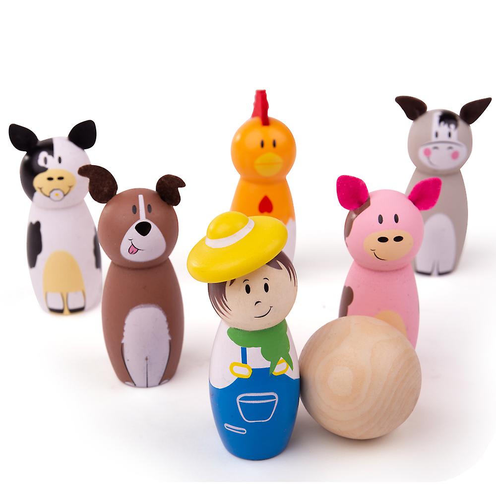 Bigjigs Toys Wooden Mini Farm Skittles Bowling Play Set Kid's Children