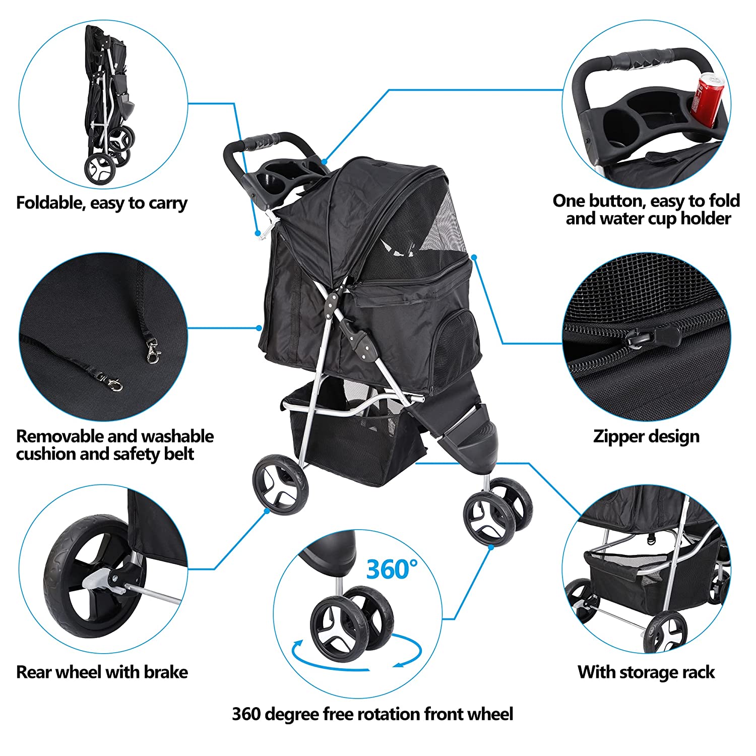 Foldable Pet Stroller for Cats and Dogs， 3 Wheels Carrier Strolling Cart with Weather Cover， Storage Basket + Cup Holder