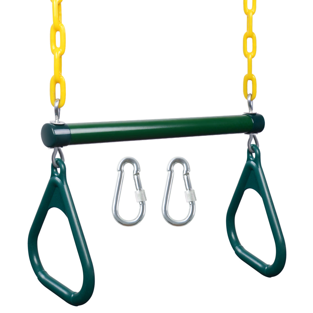 WHDZ 17'' Gym Rings Trapeze Swing Bar，Heavy Duty Chain Swing Set Accessories，Green Trapeze Bar Assembly with Rings for Backyard，Playground，Playroom